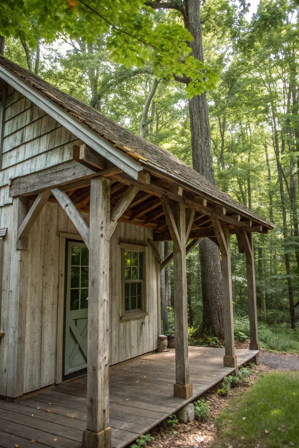 Rustic timber frame porch roof on a shed in a woodland setting.