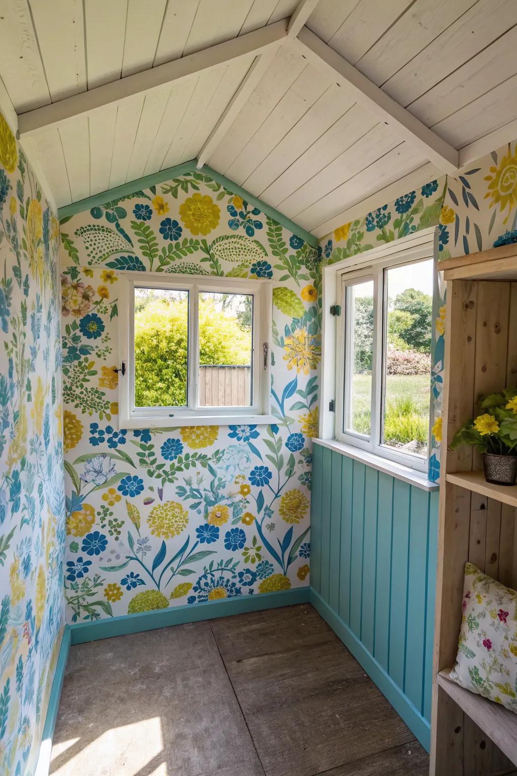 Colorful wallpaper transforms a shed into a lively space.