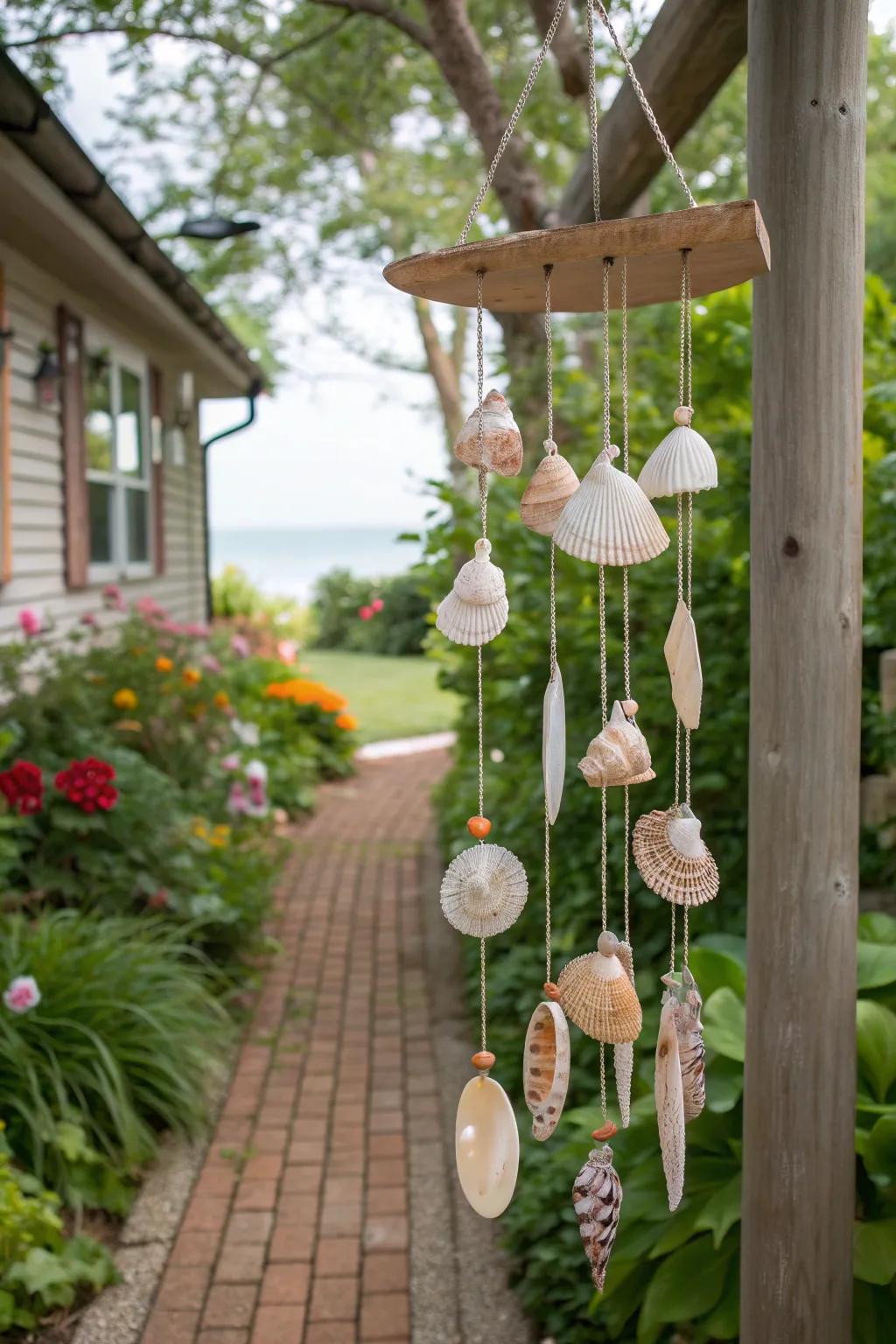 Add melody to your garden with seashell wind chimes.