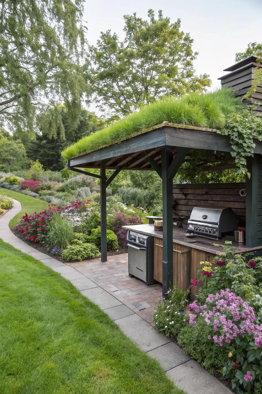 A green roof adds eco-friendly charm to your BBQ shelter.