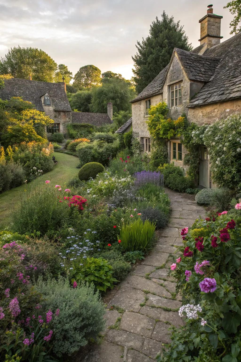 A charming cottage garden with a mix of shrubs.