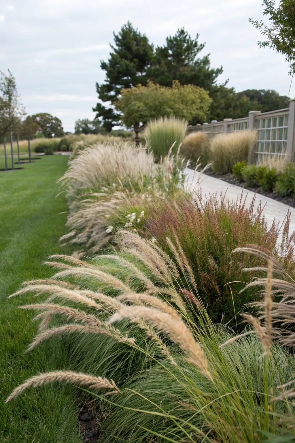 Ornamental grasses add movement and texture to a side garden.