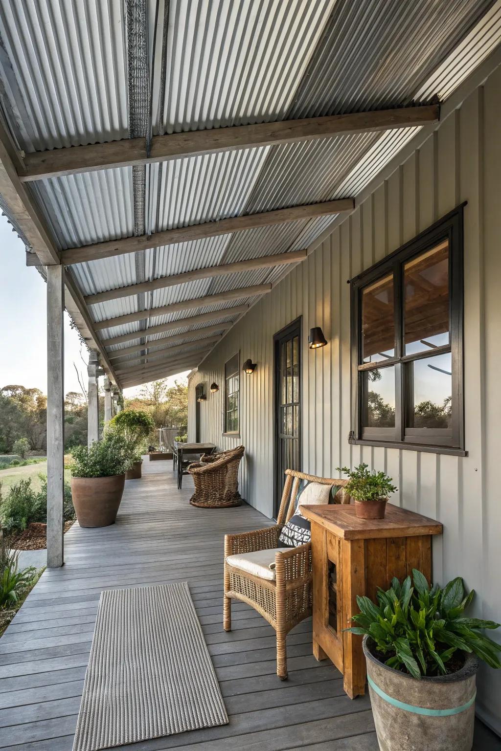 Corrugated metal adds an industrial chic to your porch.