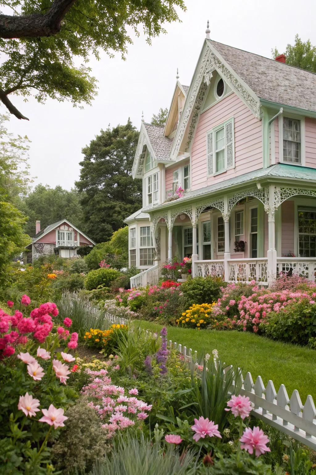 Pastel siding with white trim for a playful and whimsical aesthetic.