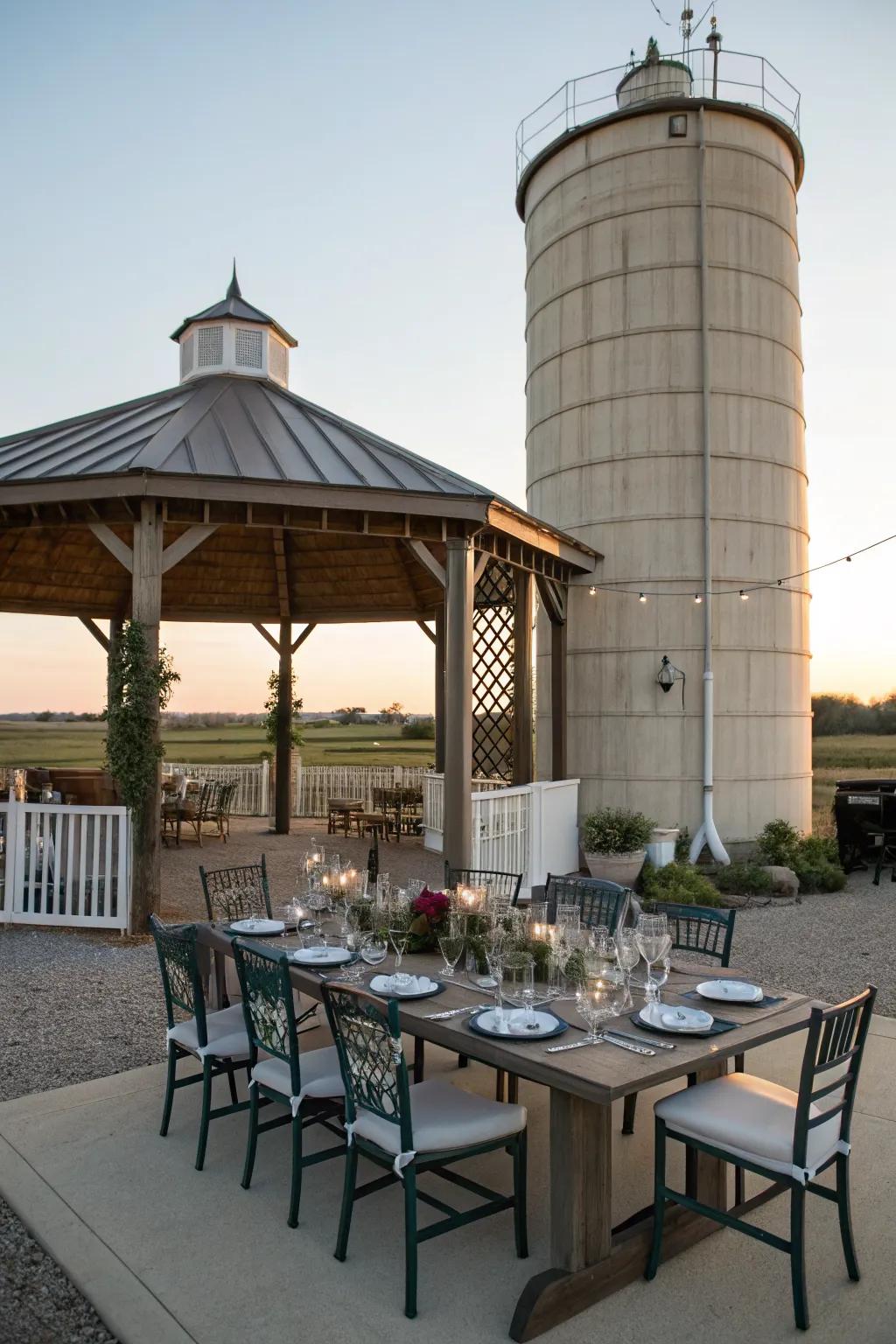 A silo gazebo transformed into a charming outdoor dining space.