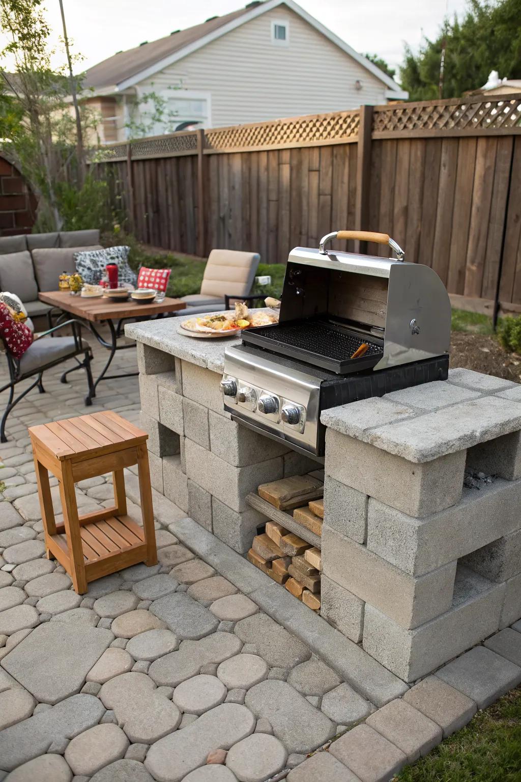 Cinder blocks offer a cost-effective and sturdy BBQ station.