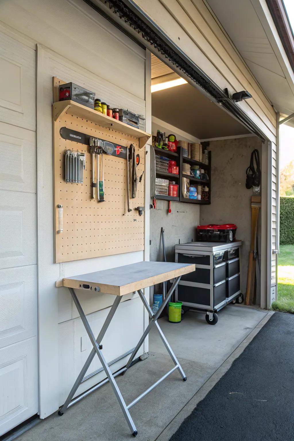 A folding workbench saves space when not in use.