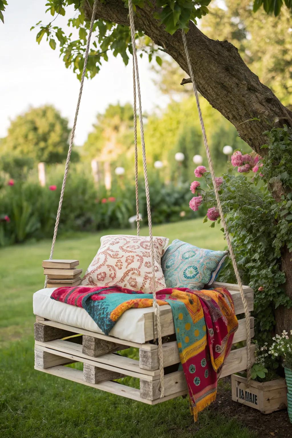 A pallet swing adds charm and relaxation to your garden.