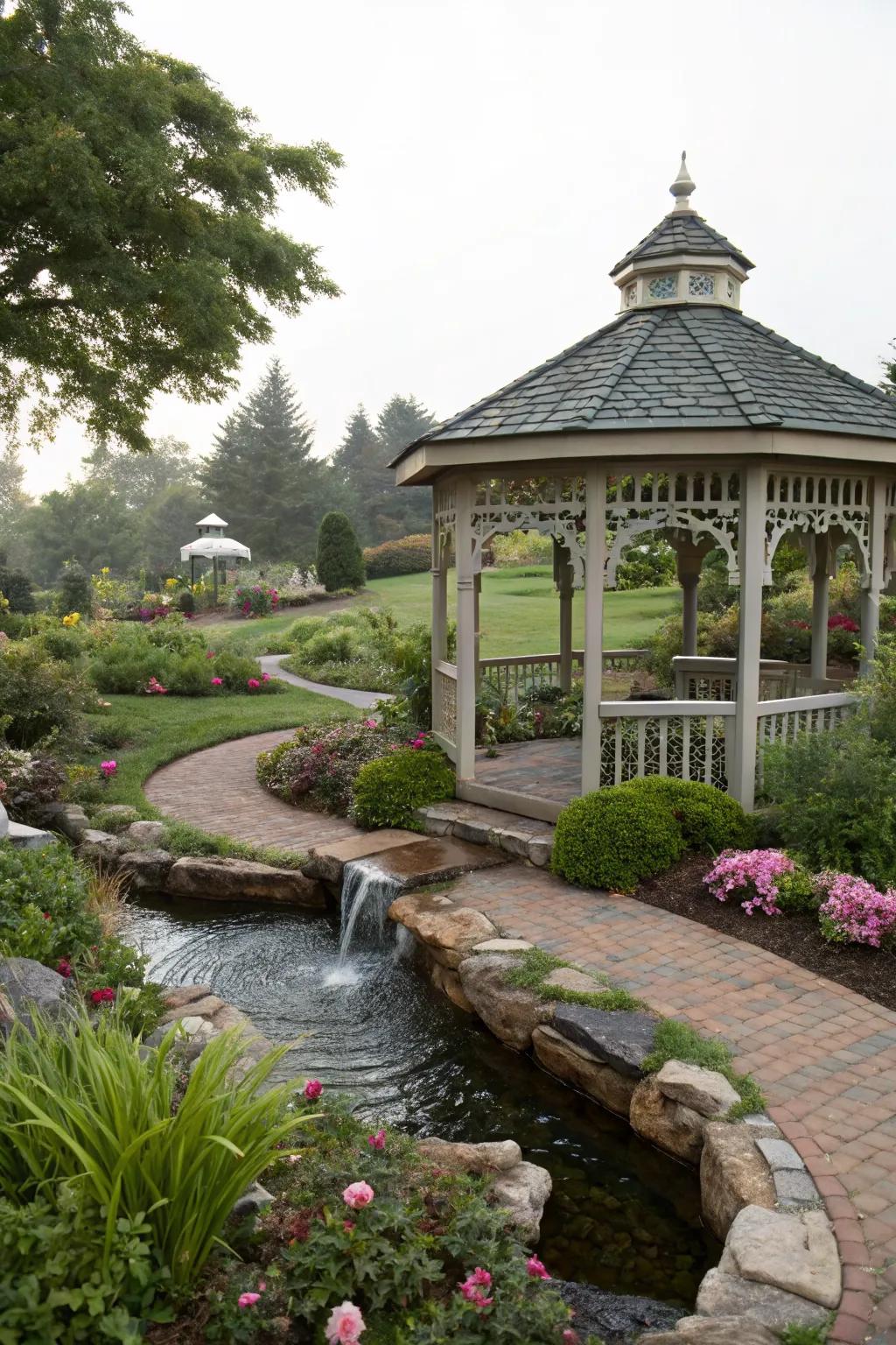 A water feature adds a calming element to this simple gazebo setup.