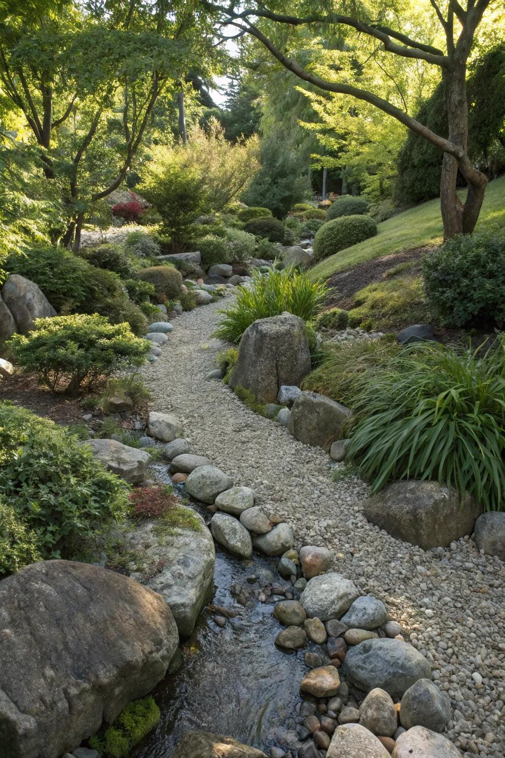 Dry stream beds add a natural and functional element to gardens.