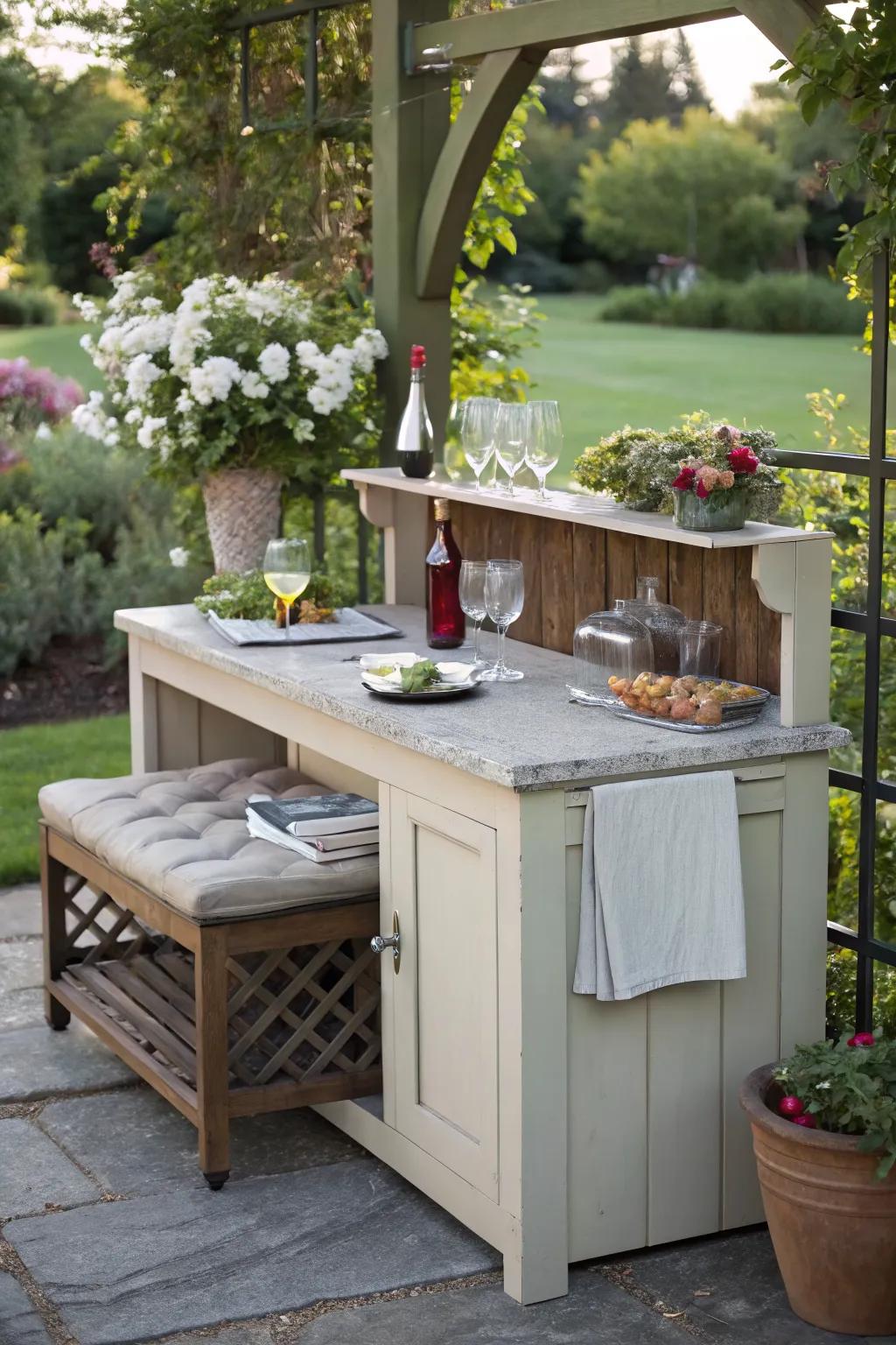 A convertible garden bench that doubles as a bar for small spaces.