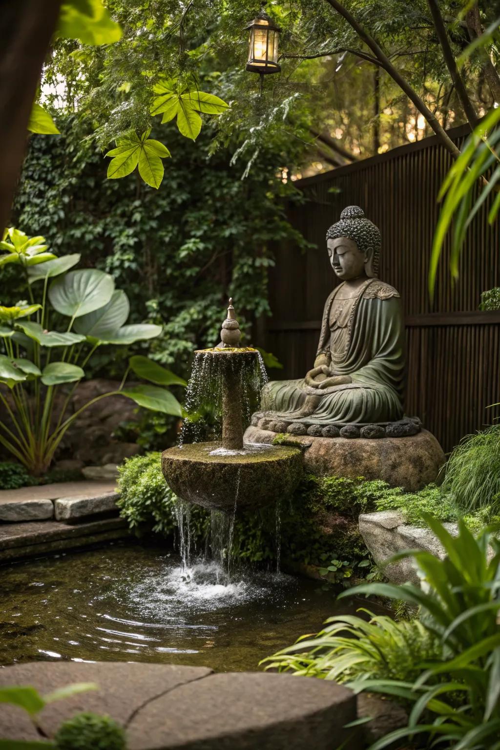 Find peace with a tranquil Buddha fountain.