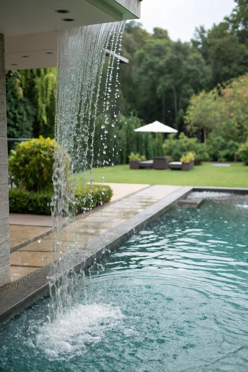 A rainfall shower provides a refreshing poolside experience.