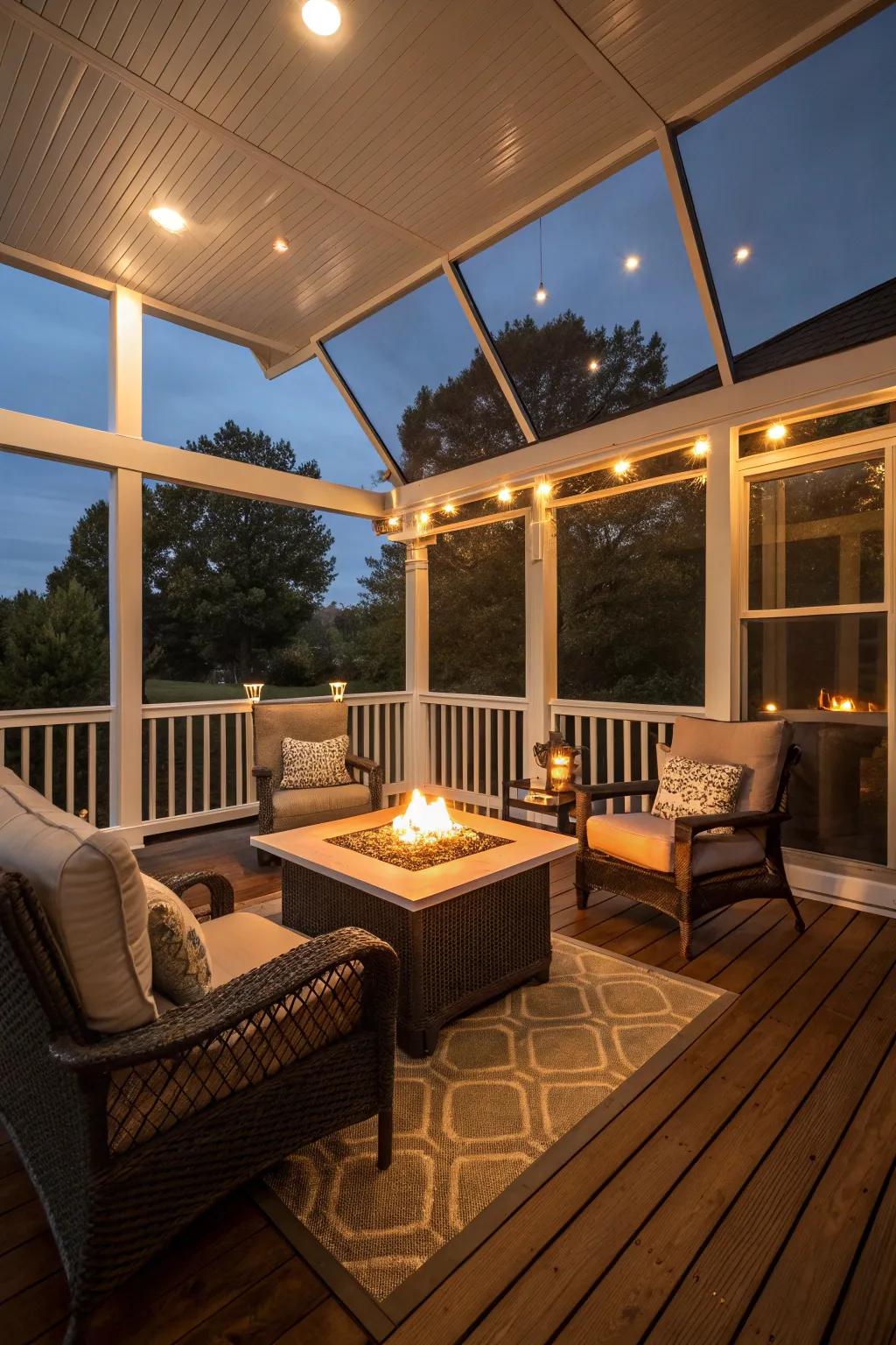 A fire pit table adds a modern twist to this screened porch.