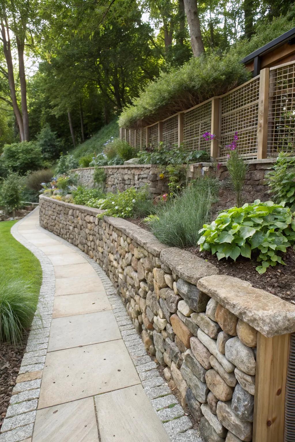 An insect-friendly retaining wall with natural materials.