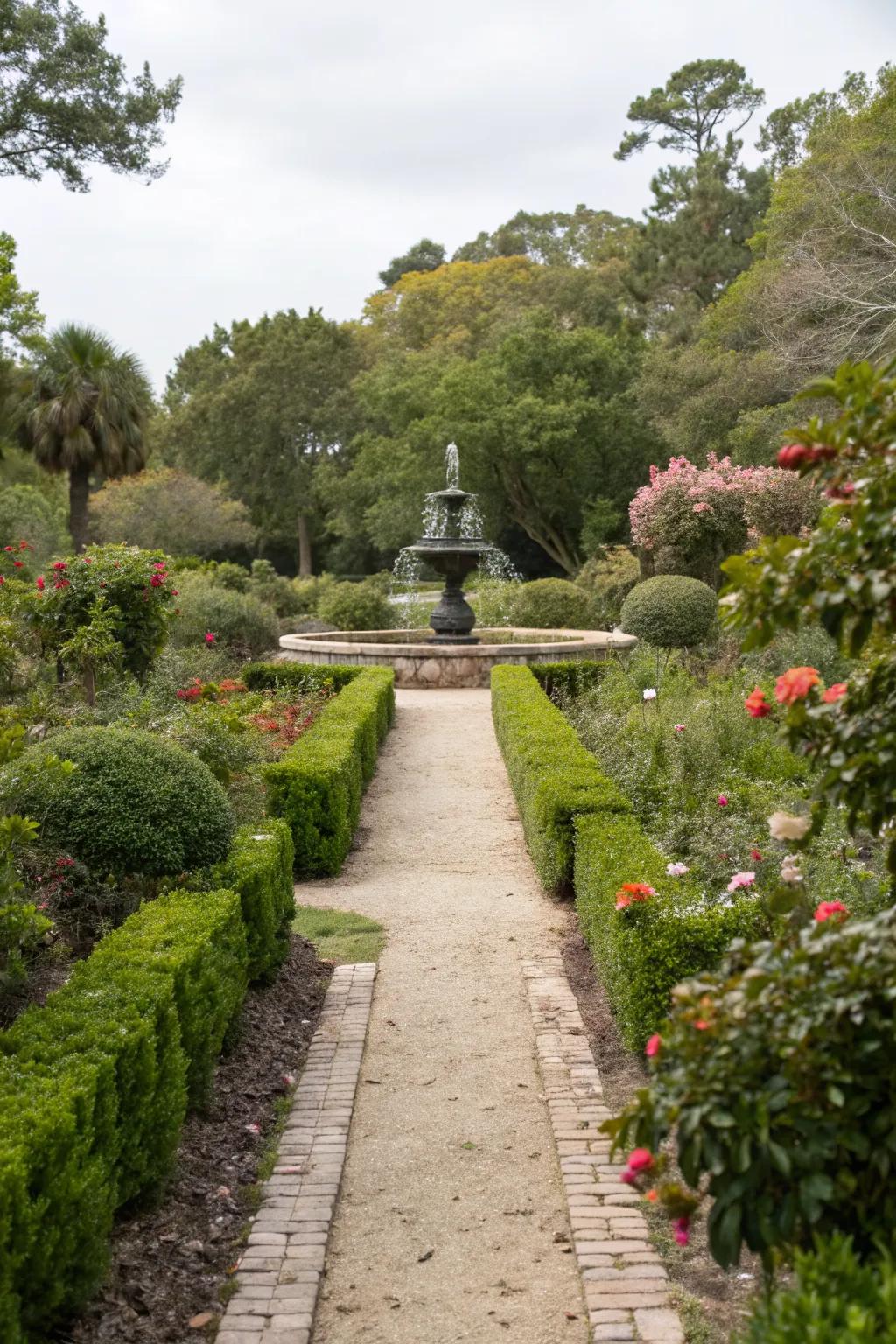 A gentle water feature enhances the tranquility of this garden walkway.