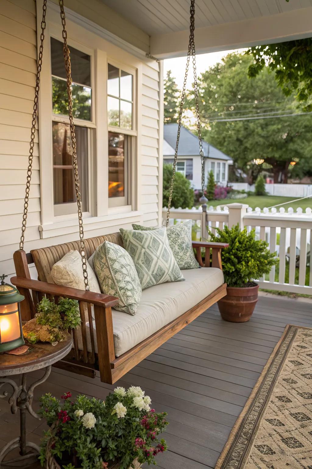 A porch swing adds a nostalgic and relaxing element to your outdoor space.