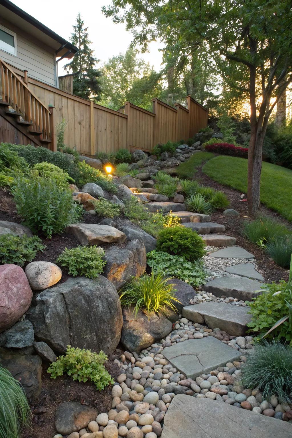 Rock gardens offer low-maintenance beauty on slopes.
