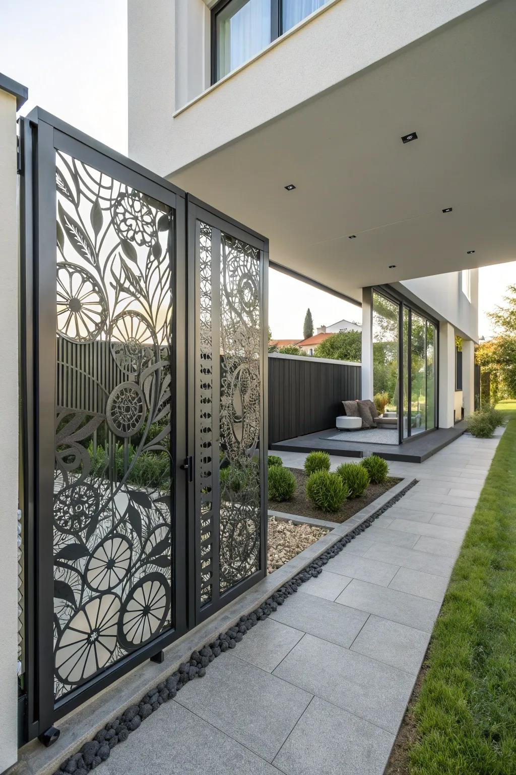 A lightweight aluminum sliding gate with abstract design elements.