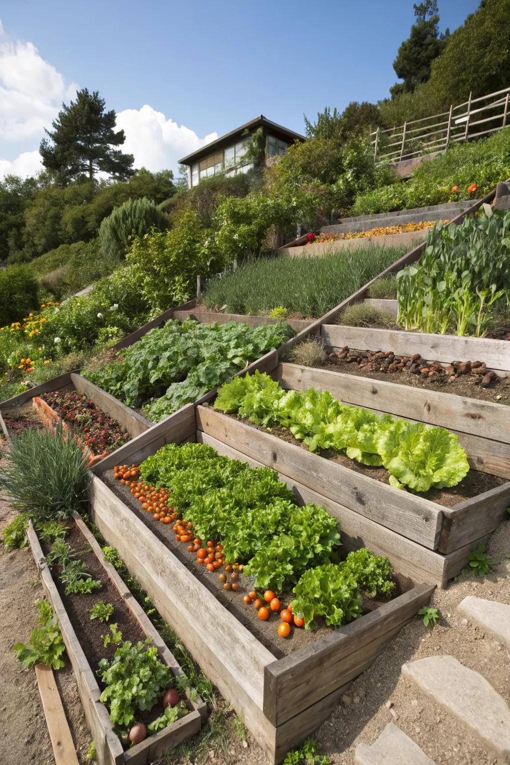 Tiered vegetable beds make gardening on slopes productive and fun.