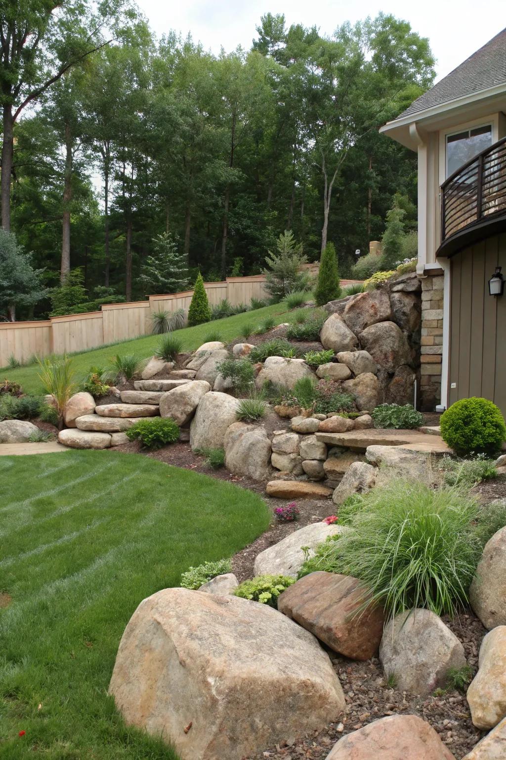 Decorative rocks and boulders add texture and prevent erosion.