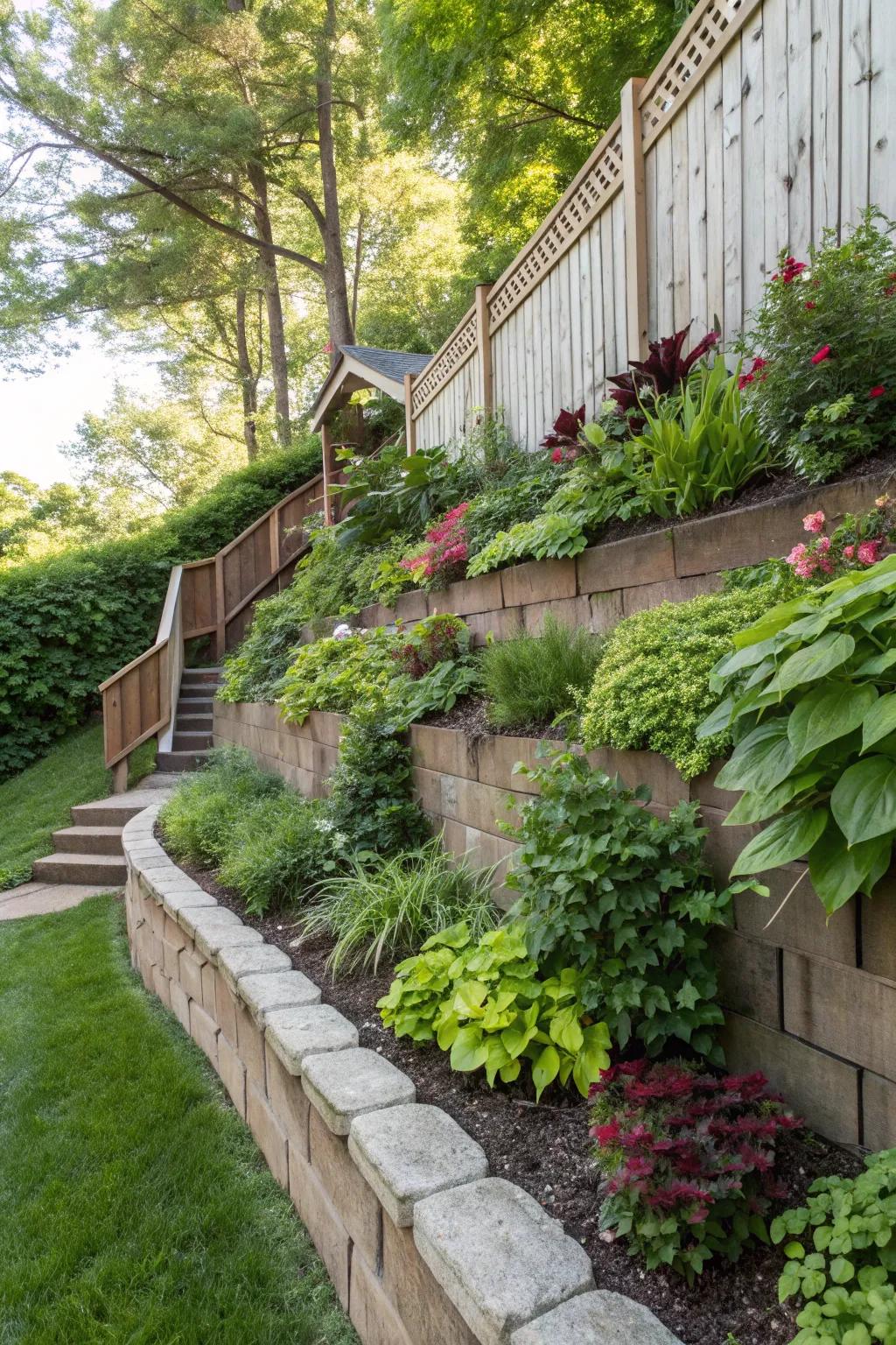 Vertical gardens adding unexpected greenery to a sloped patio.