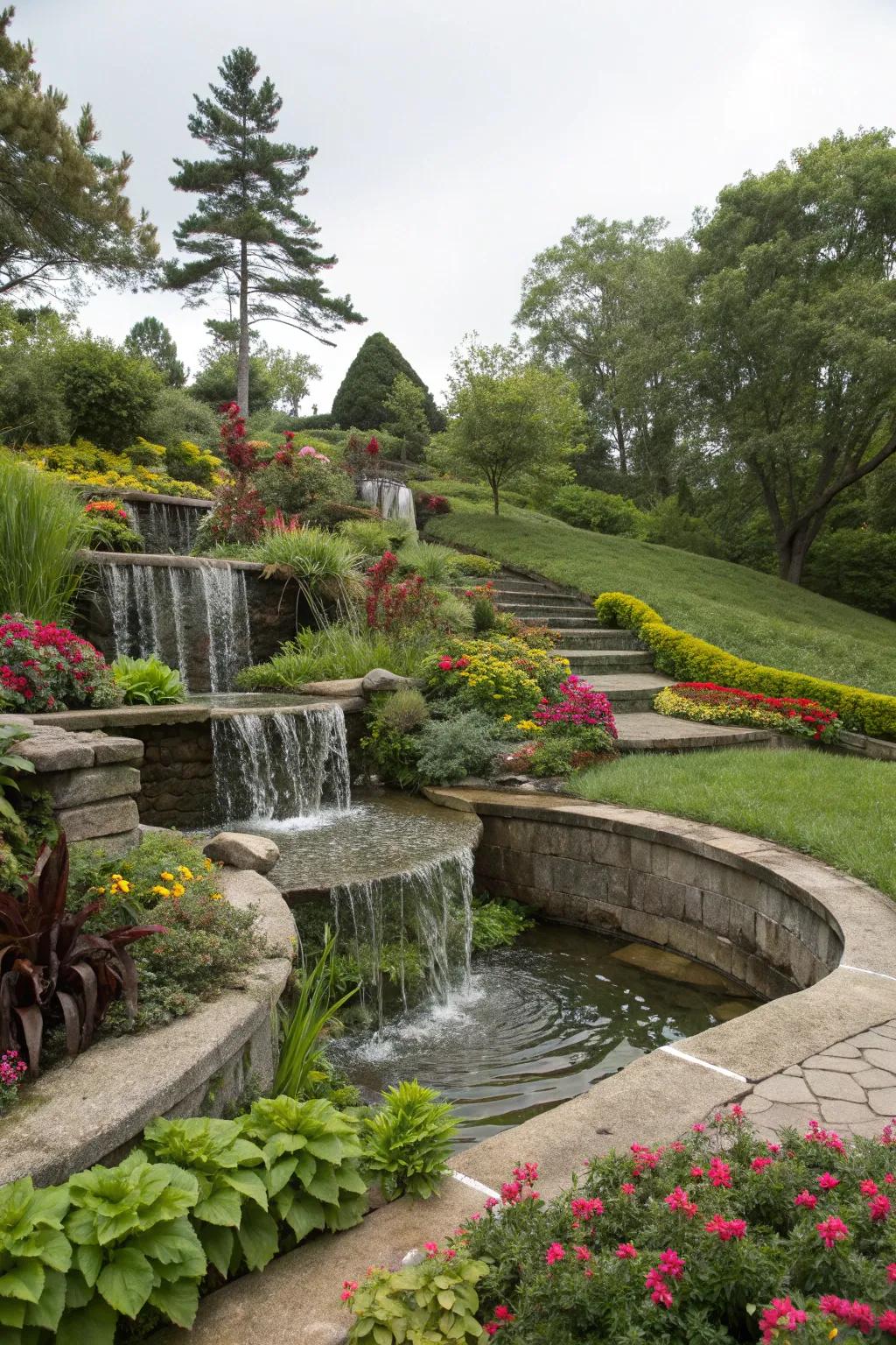 A hillside waterfall adds a serene touch to your garden.