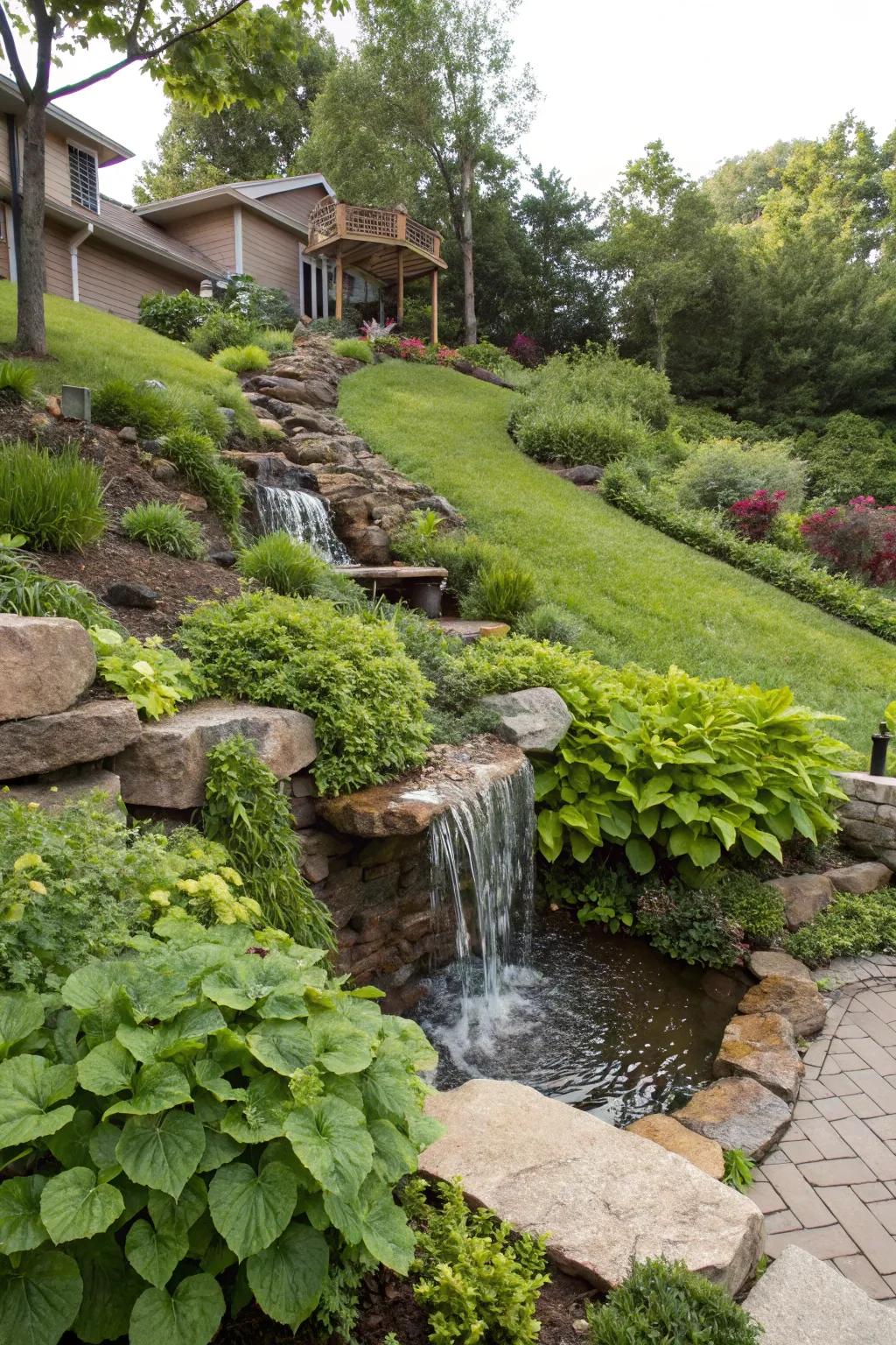 Water features bring tranquility and beauty to sloped landscapes.