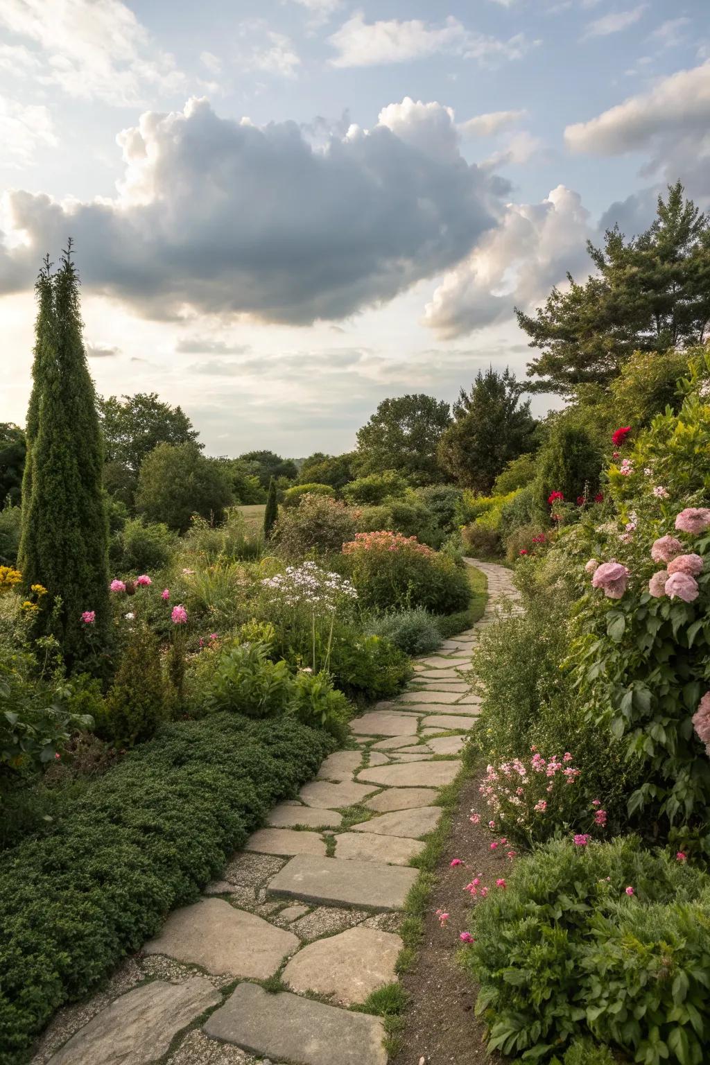 A charming stone pathway winds through a small garden.