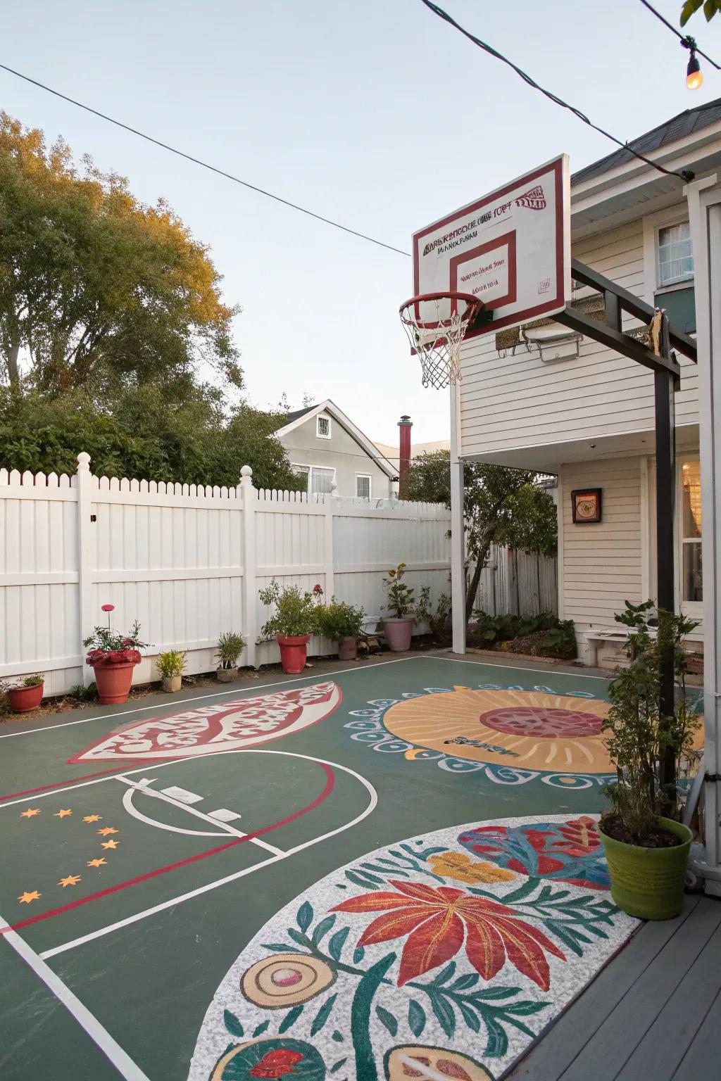 A basketball court with creative and artistic designs