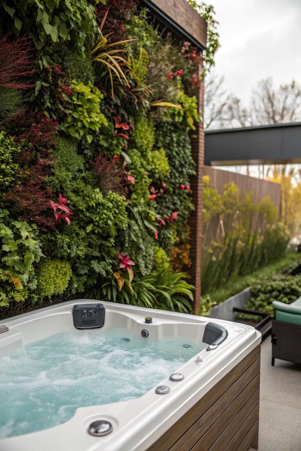Vertical gardens add lushness to your jacuzzi area without using ground space.