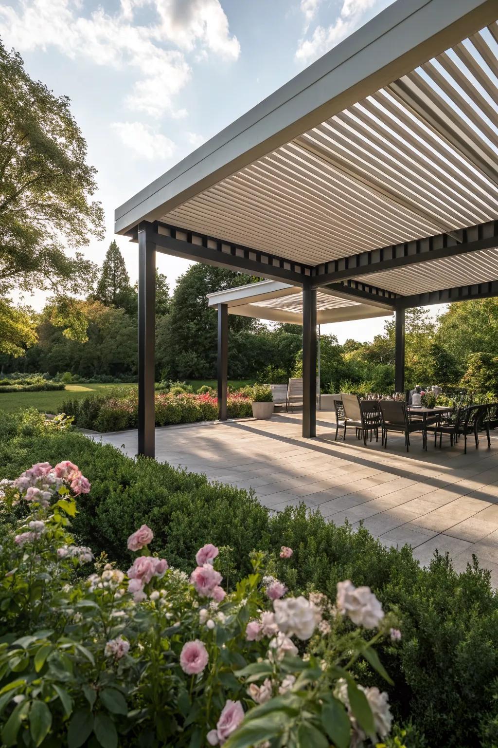 A pavilion featuring a louvered roof for adaptable weather management.