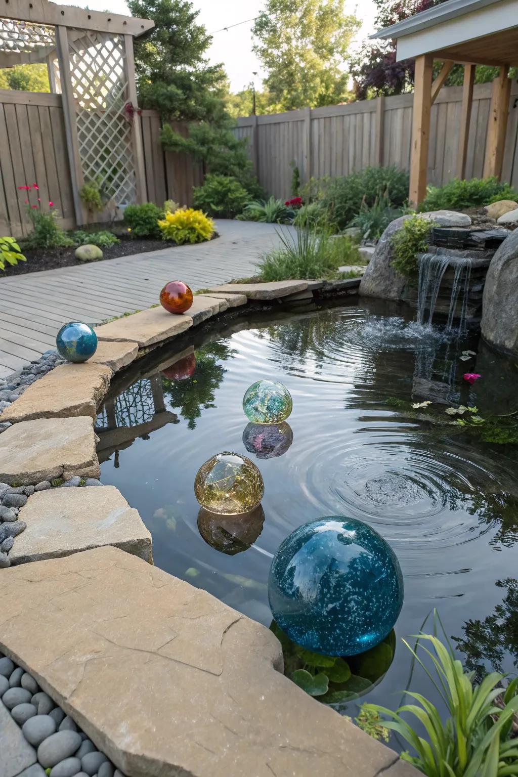 A modern backyard pond enhanced with reflective glass art.