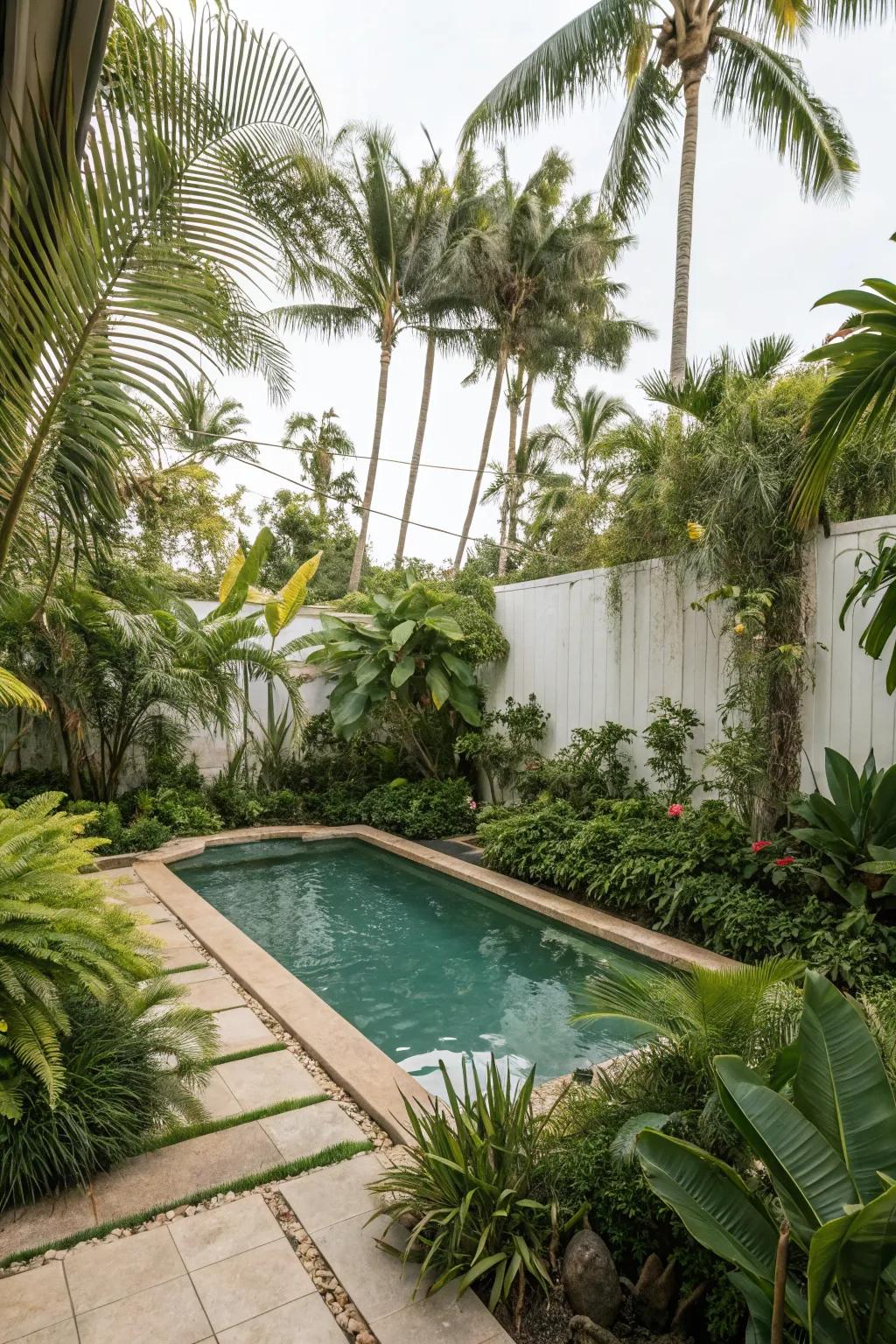 Tropical plants bring an exotic and vibrant feel to small pool areas.