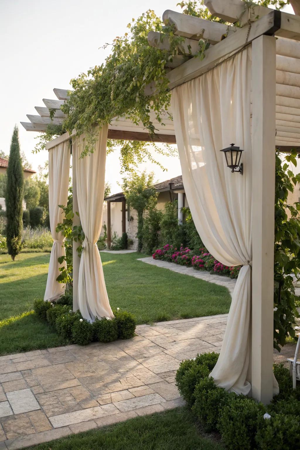 Drapes add elegance and privacy to pergolas.