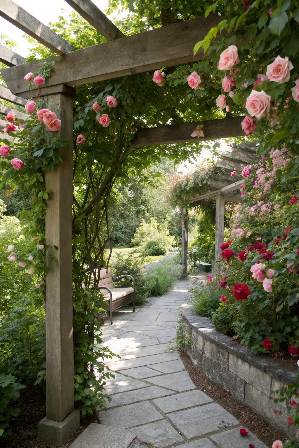 Vertical gardens with climbing roses add height and interest.