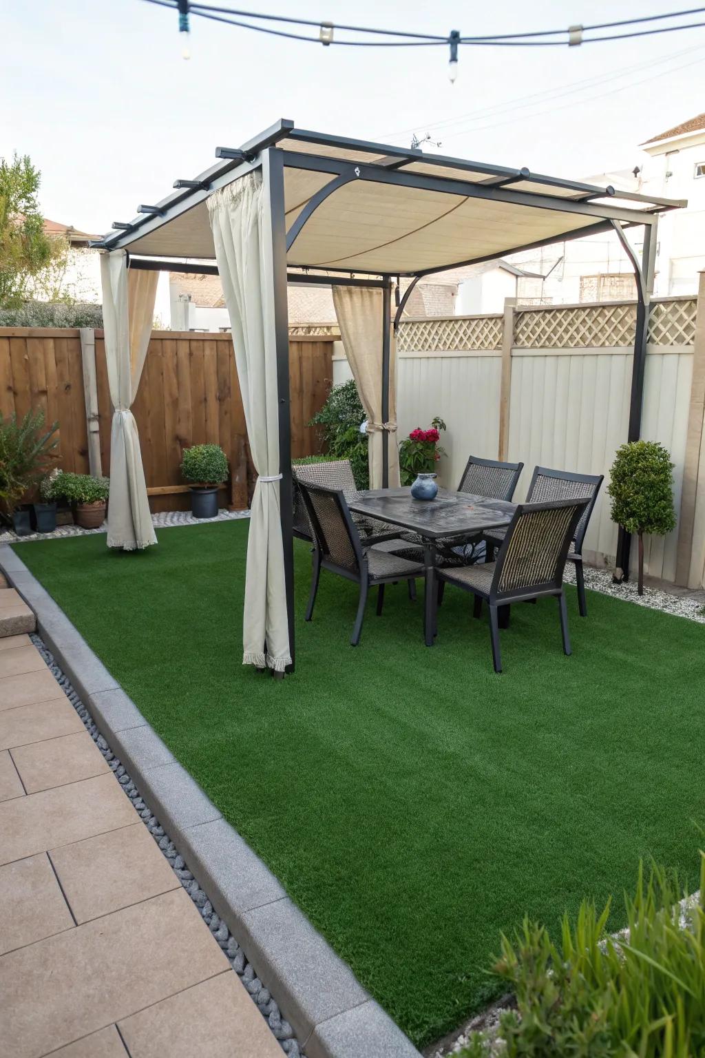 An alfresco dining area on turf makes meals special.