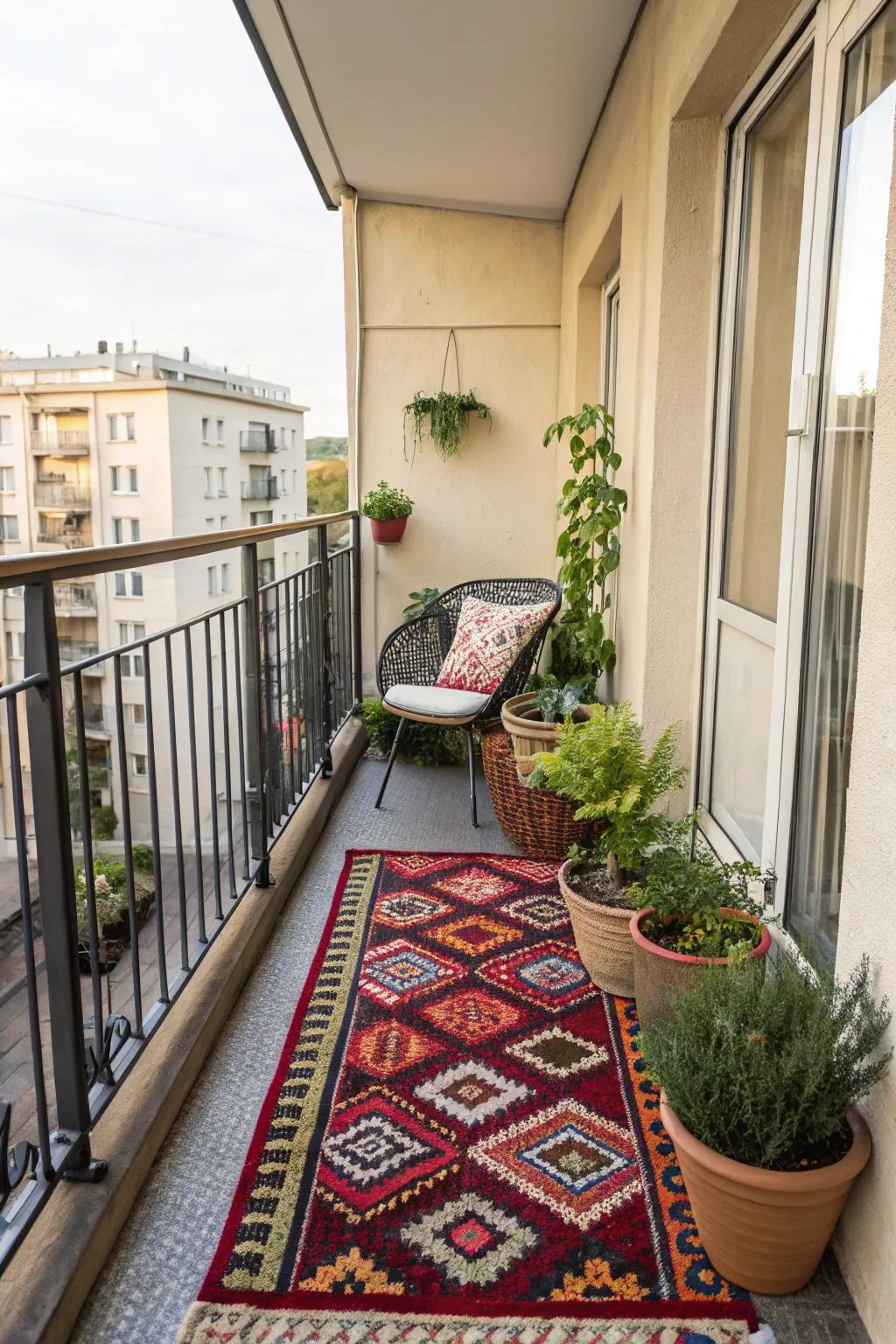 Outdoor rugs add comfort and define private zones on balconies.
