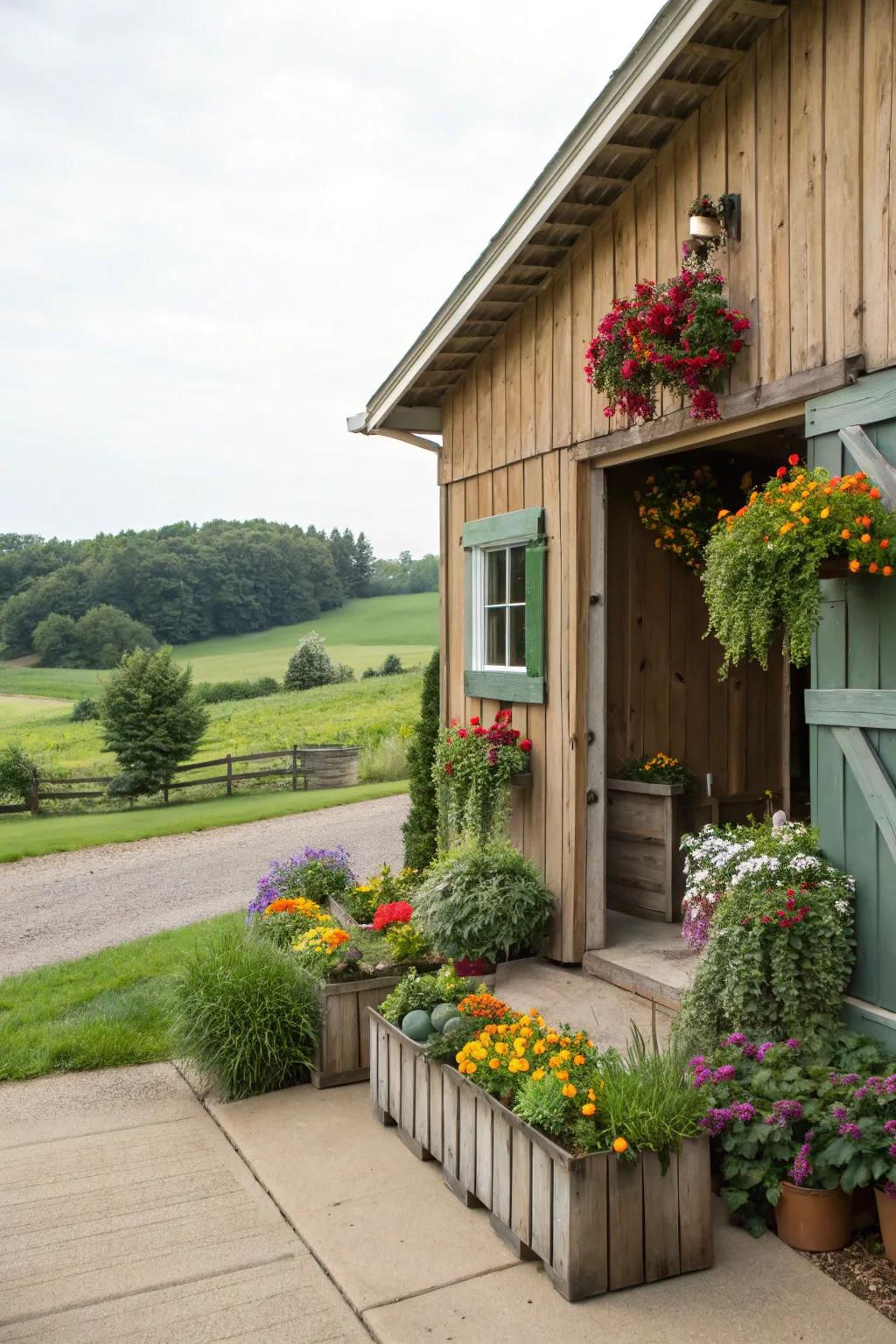 Built-in planters bring life and color to this small barn.