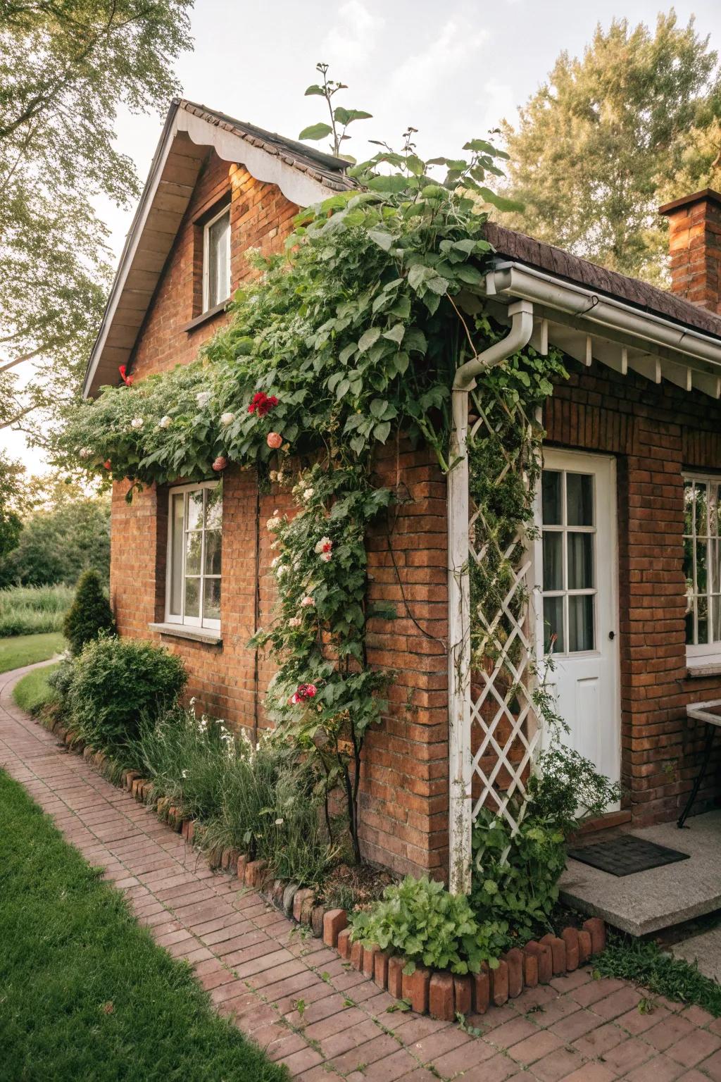 A small brick house with a trellis adorned with vibrant climbing plants.