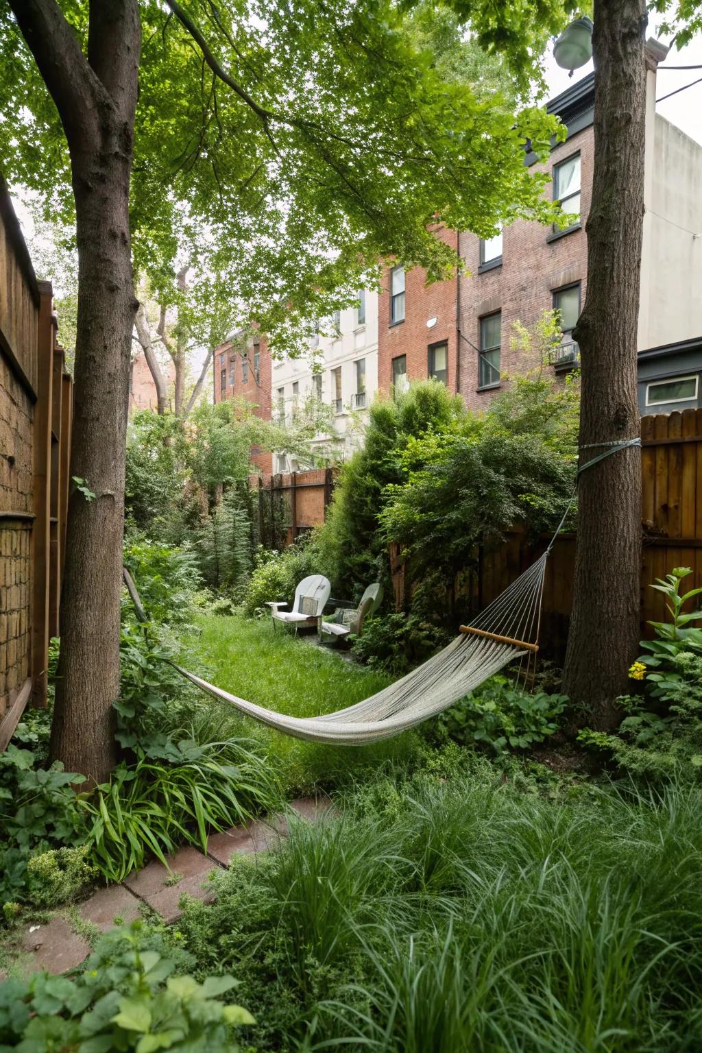 Hammocks create a cozy retreat for relaxation in small gardens.