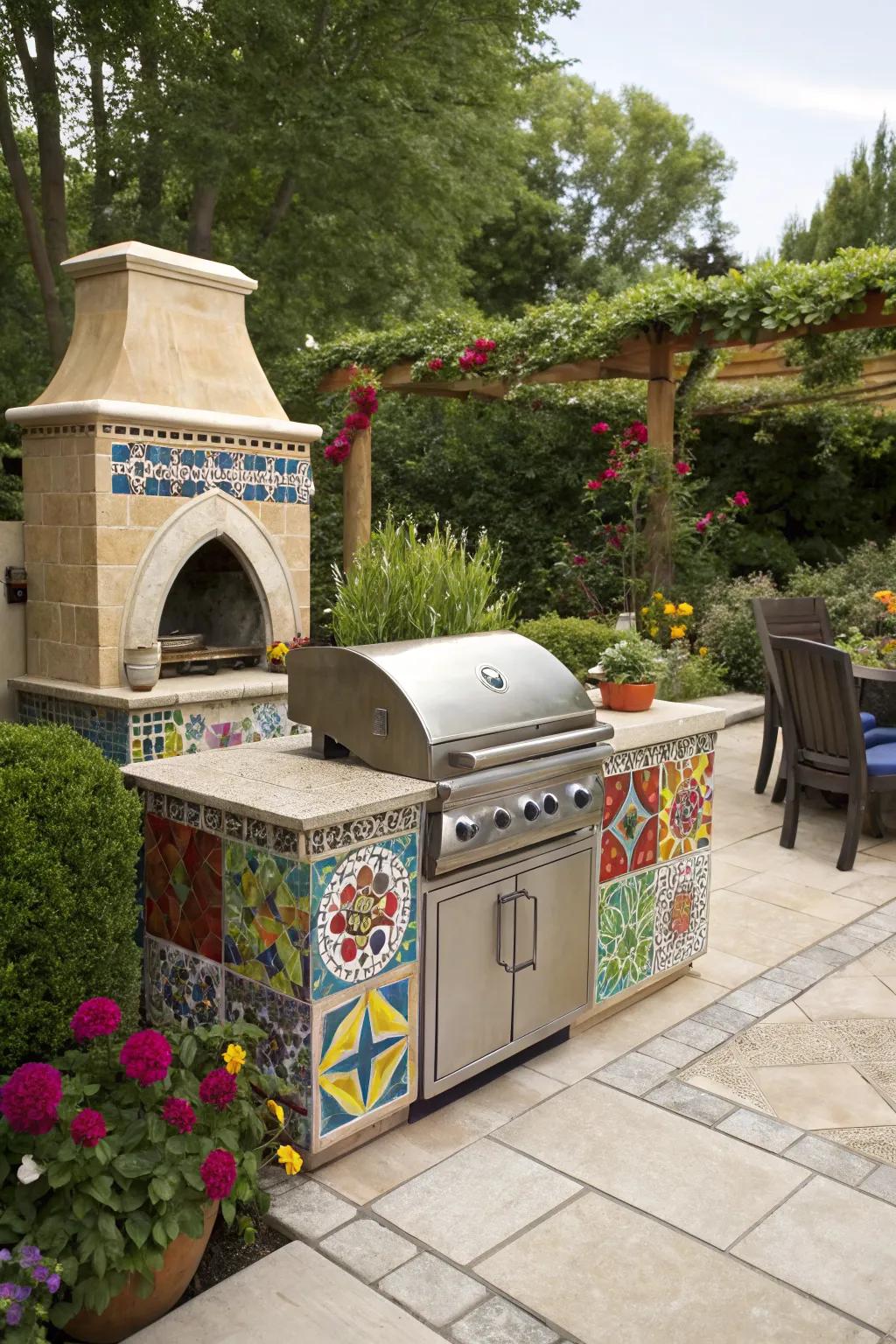Colorful tiles add a fun twist to your grilling area.