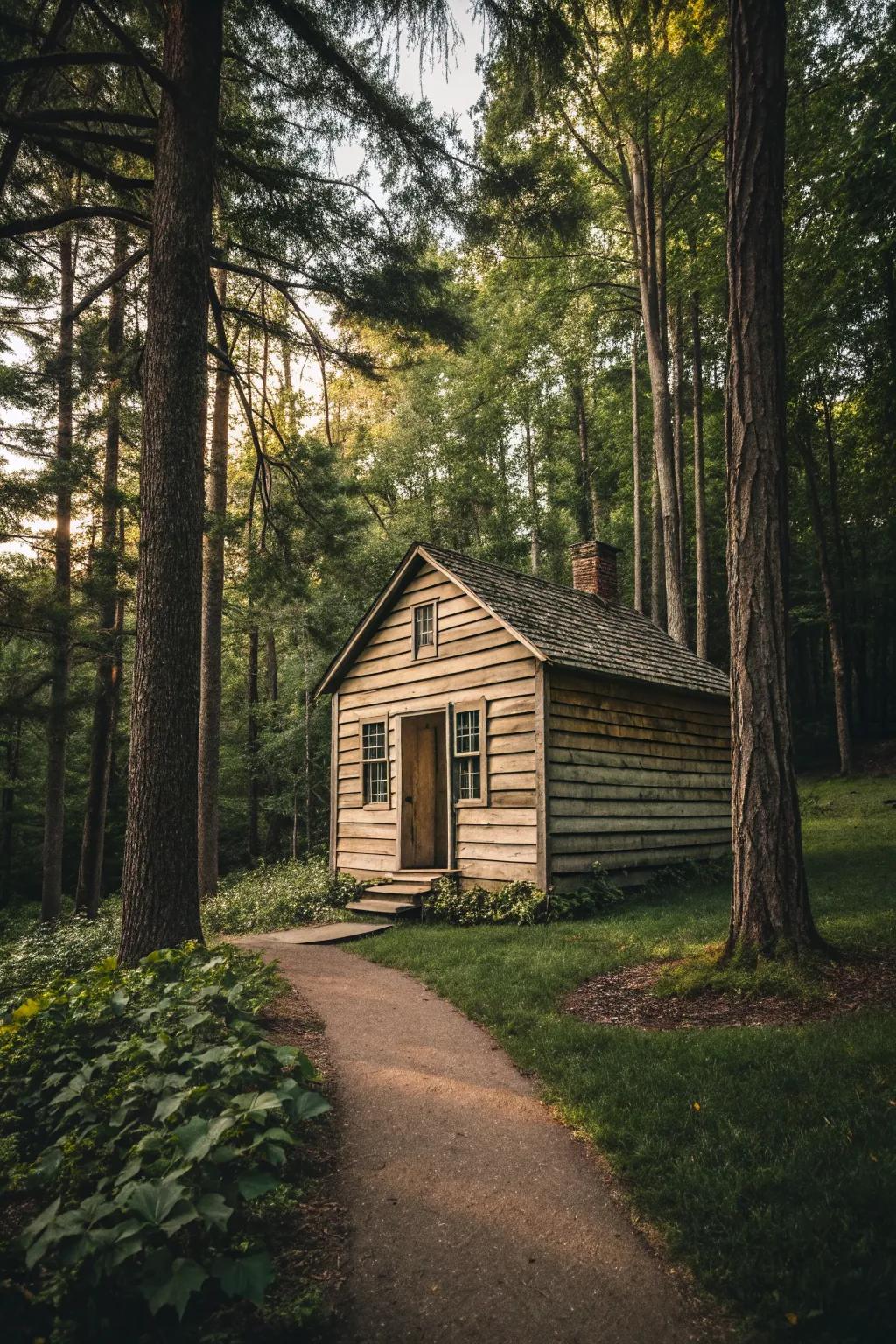 A modern twist on a cabin with vertical wood siding enhancing its height.