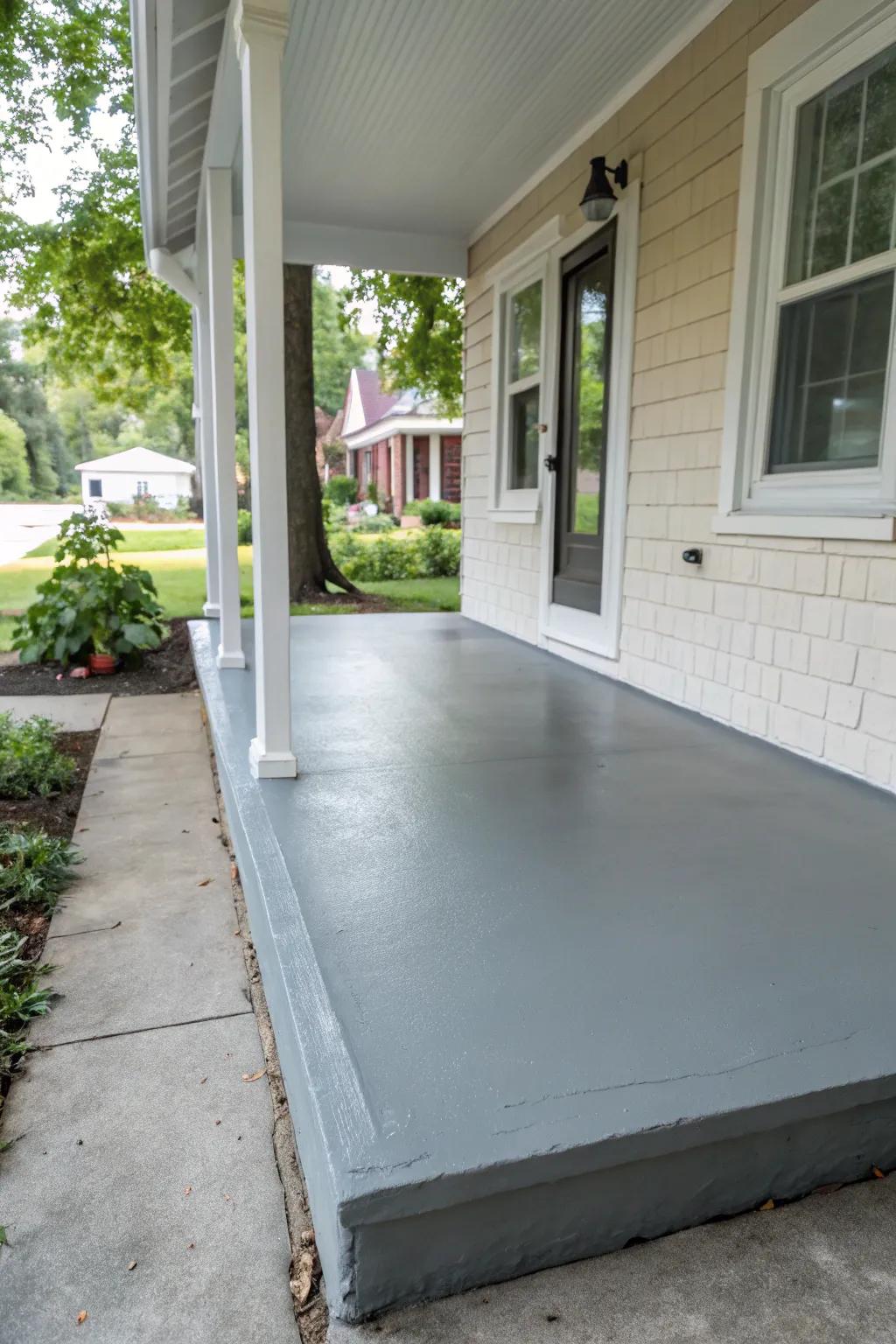 A small concrete porch with a freshly painted gray floor.
