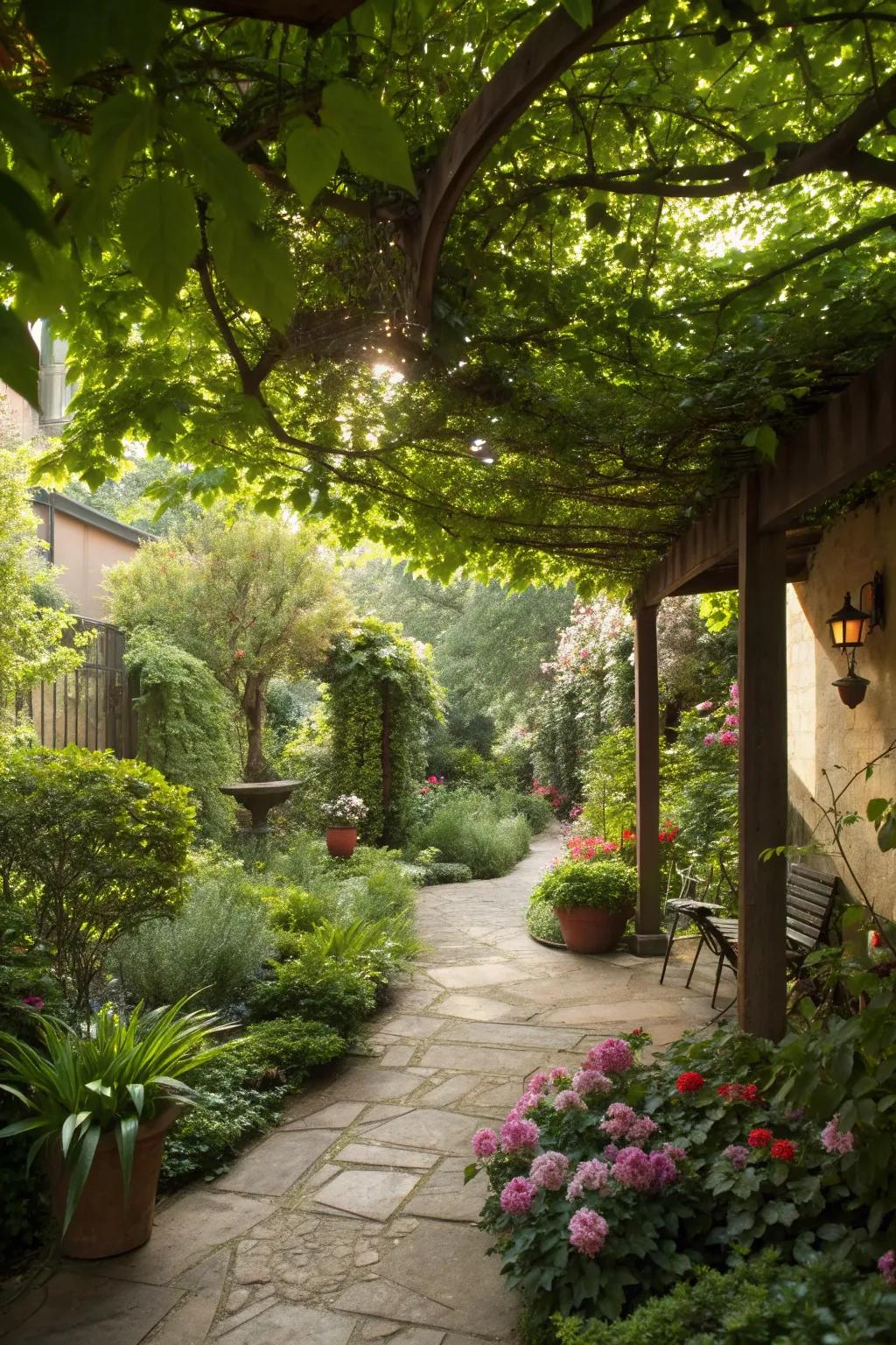A canopy of leaves offers shade and privacy in a small courtyard.