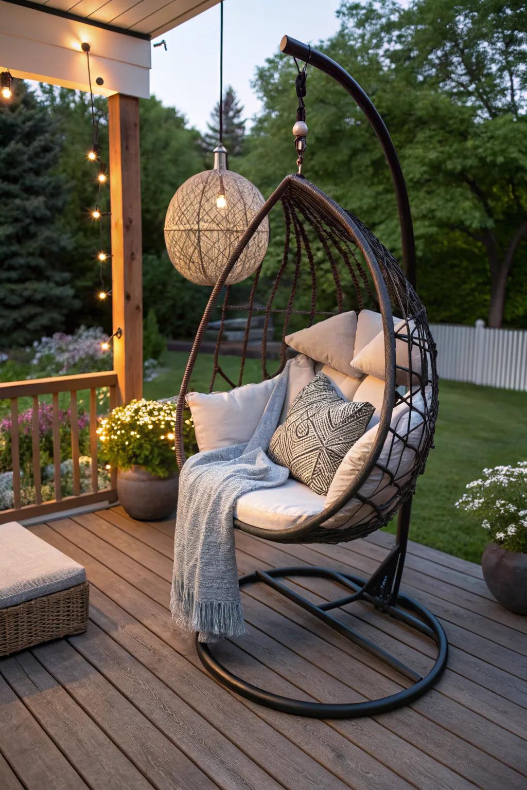 A hanging chair brings fun and relaxation to your deck.