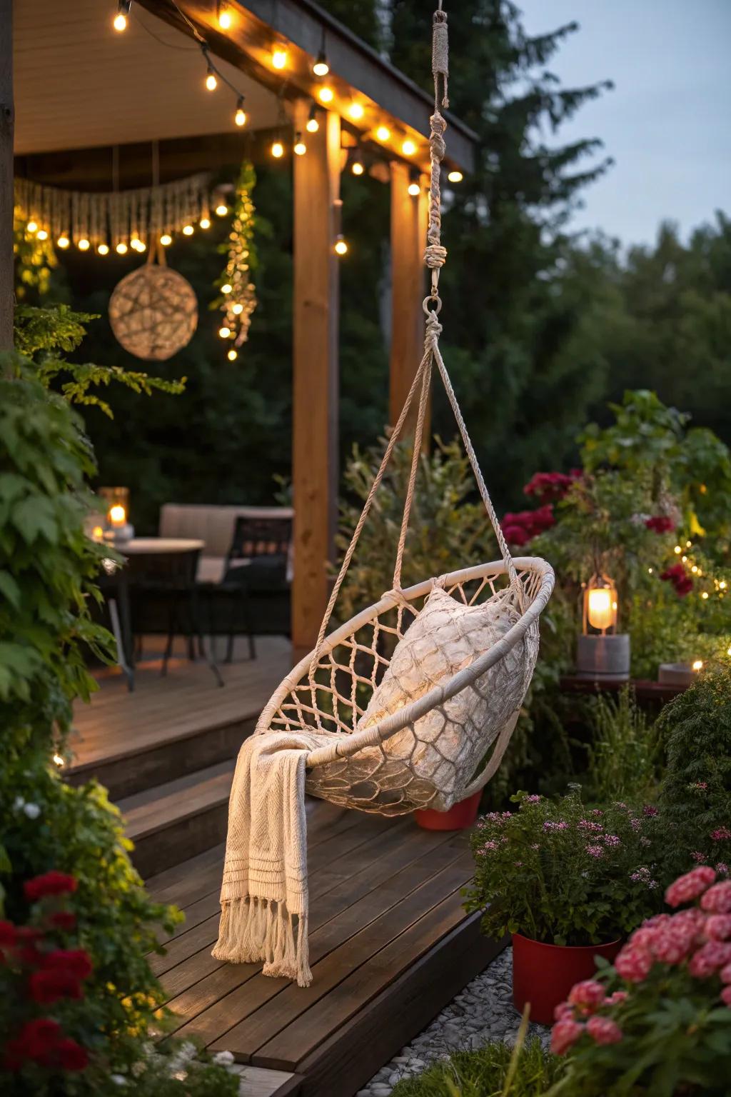 A hanging swing brings a playful touch to your deck.