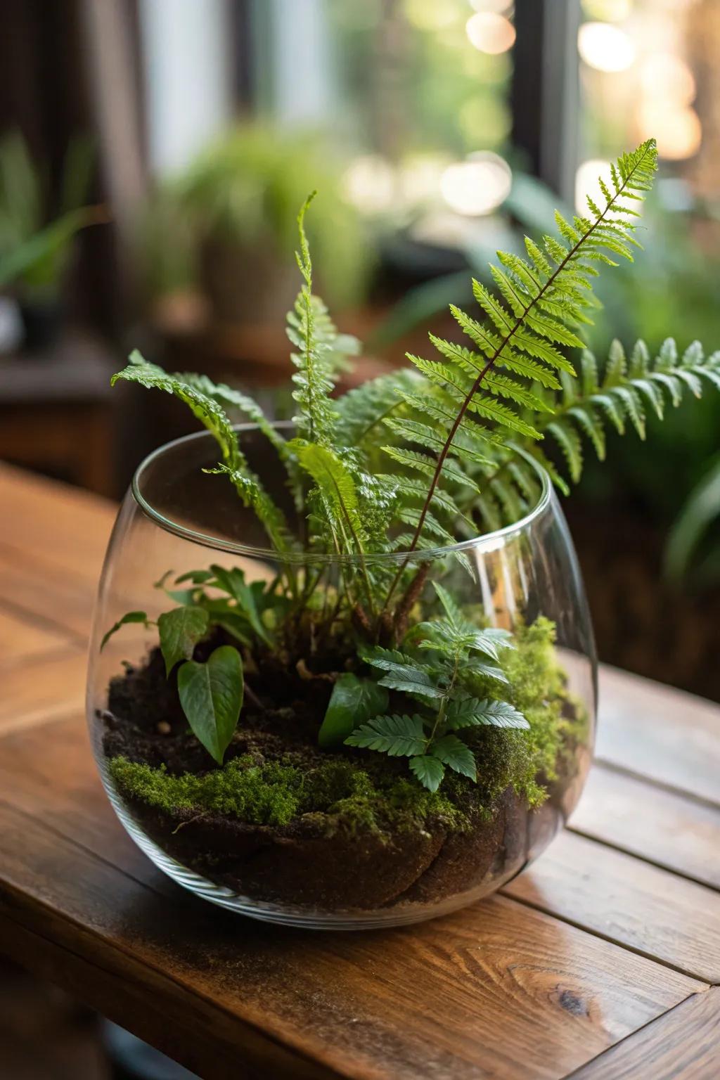 A miniature terrarium filled with vibrant ferns.