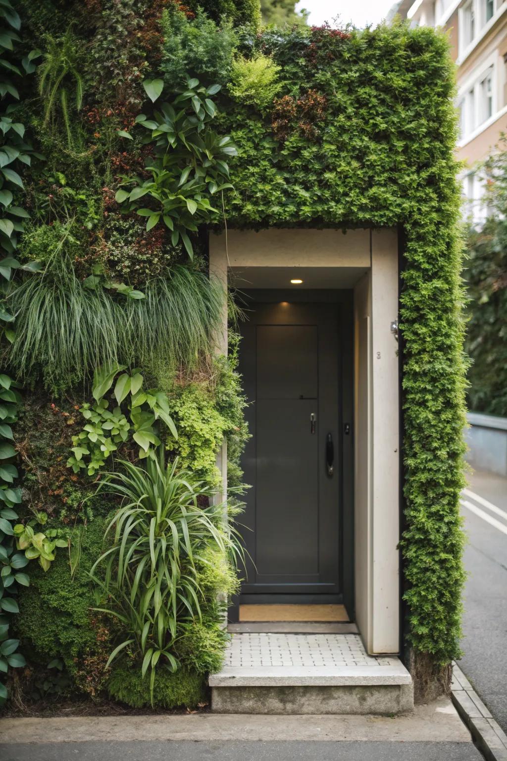 A vertical garden adds lushness to a small front door area.