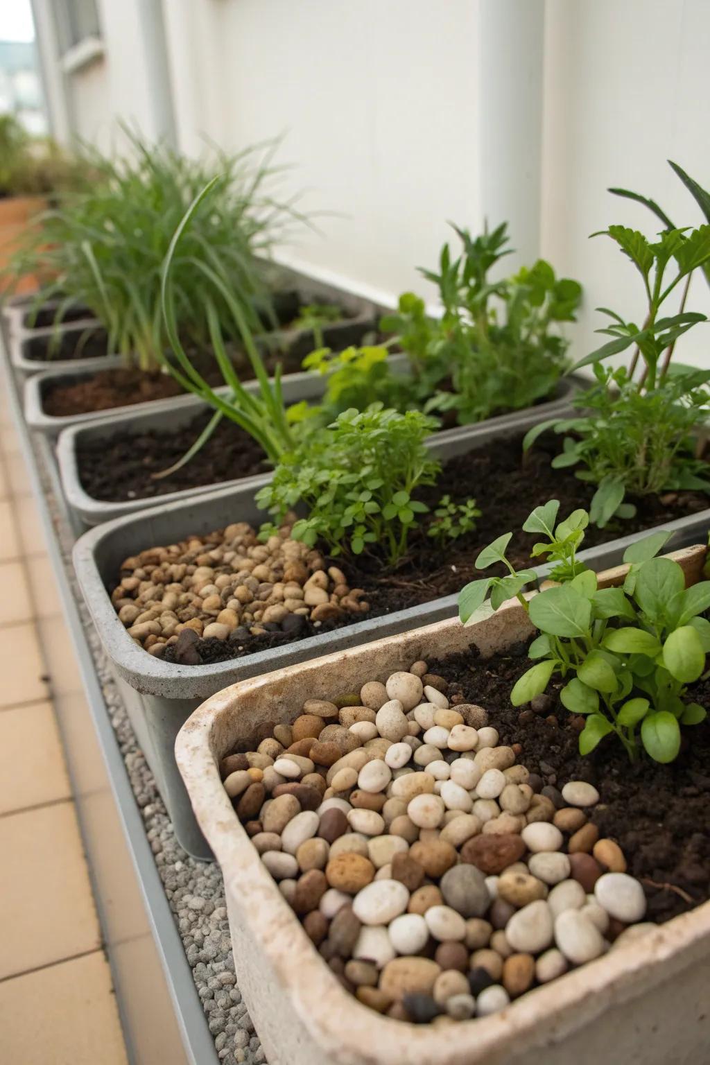 Pebble top dressing adds a polished finish to any planter.